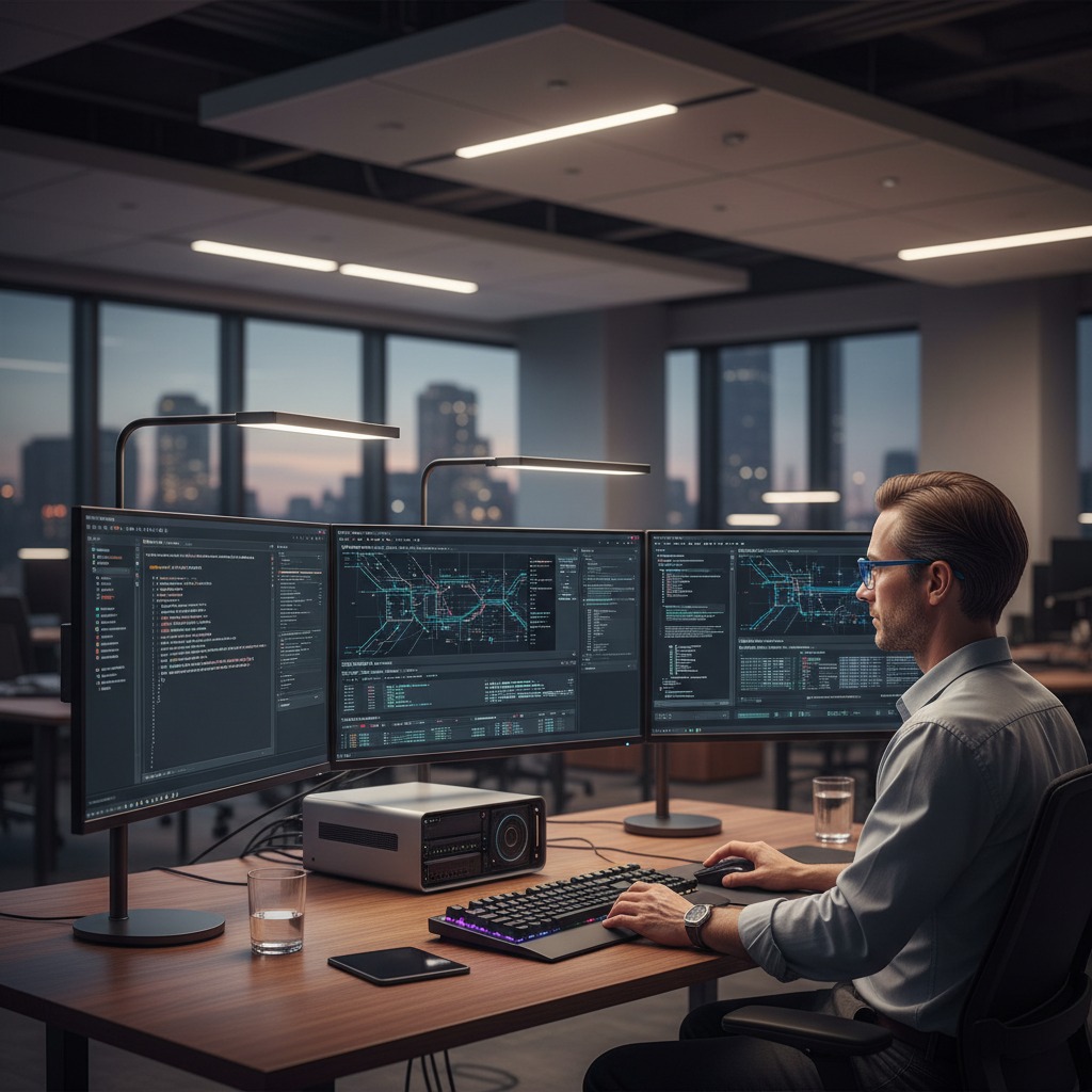 Ein Softwareentwickler arbeitet in einem modernen Büro an drei Monitoren, auf denen Programmcode und technische Diagramme zu sehen sind.