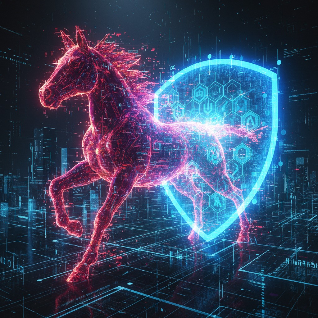 Ein digitales, aus roten Lichtlinien bestehendes Pferd läuft vor einem leuchtend blauen Schutzschild in einer abstrakten Cyber-Umgebung.