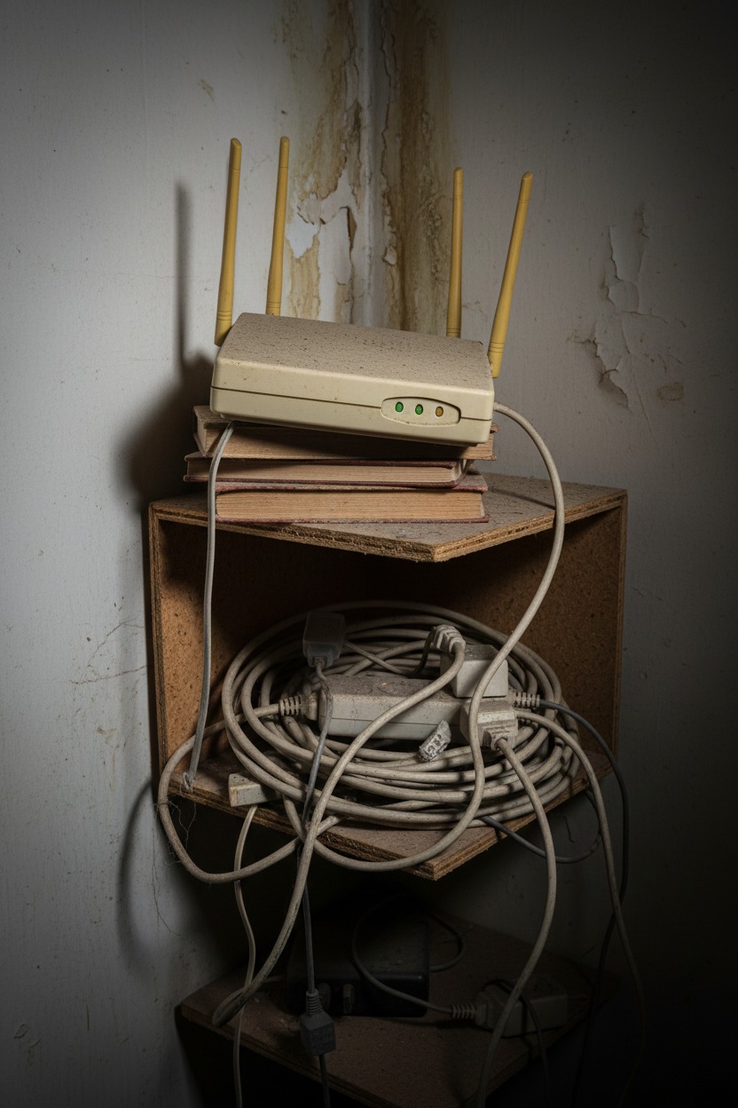 Ein staubiger WLAN-Router steht auf einem Stapel alter Bücher in einem Regal mit einem Wirrwarr aus Kabeln und einer Steckdosenleiste.